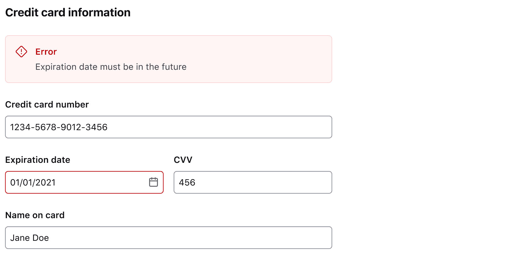 Credit card info form with a single field-level error and duplicative form-level alert